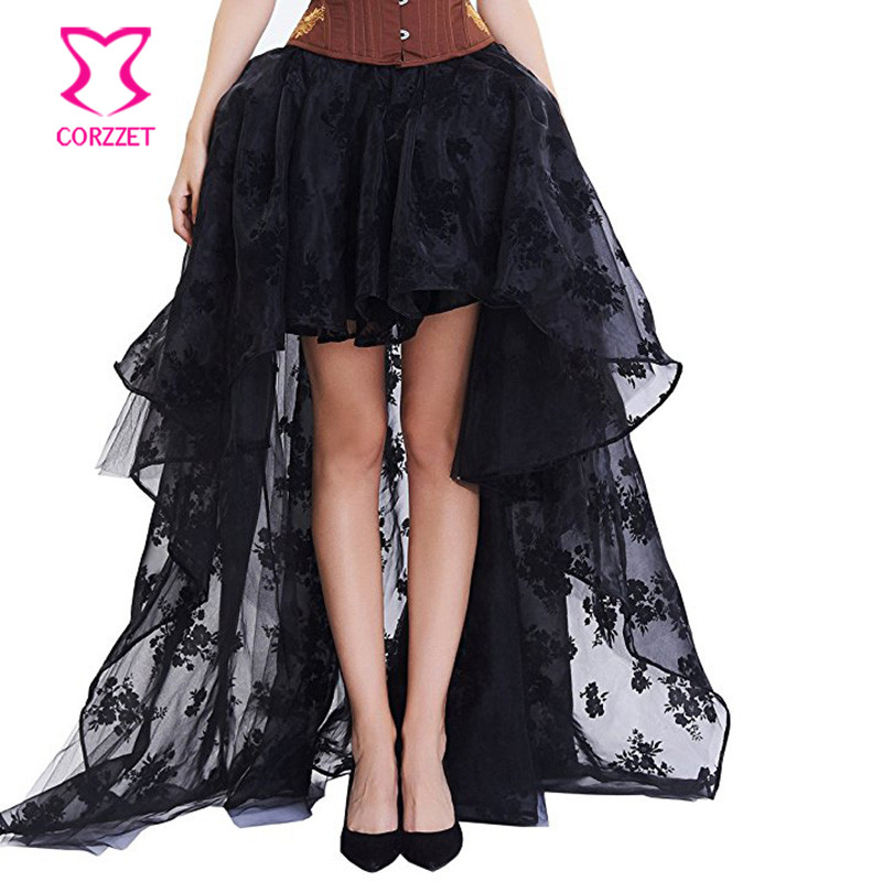 Summer Victorian Clothing - 블랙 플로랄 쉬폰 프론트 쇼트 백