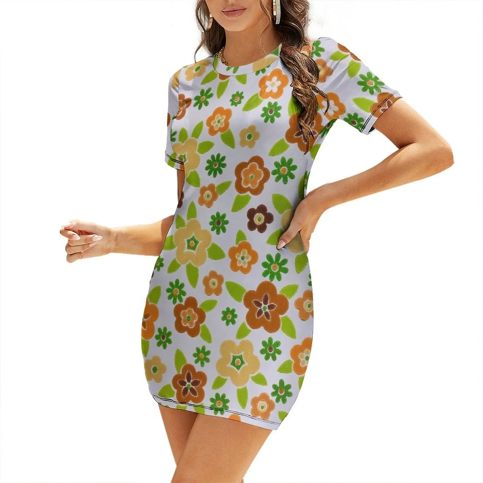 Summer Clothing Online - 60년대 프린트 플라워 디자인 반팔 드레스