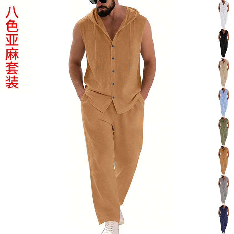 Summer Clothing Mens - 남성 캐주얼 린넨 수트 후드 스웨터