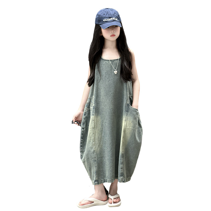 Summer Kids Clothing - 빈티지 블루 어린이 소녀 고품질 민소매
