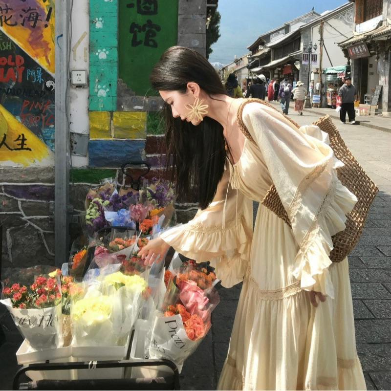 Summer Clothing For Older Women - 새로운 우아한 스퀘어넥 트럼펫 슬리브 넓은