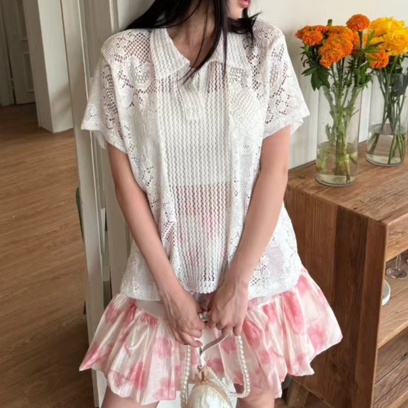 Summer Clothing Online - 레트로 칼라 레이스 셔츠 여성용 코튼