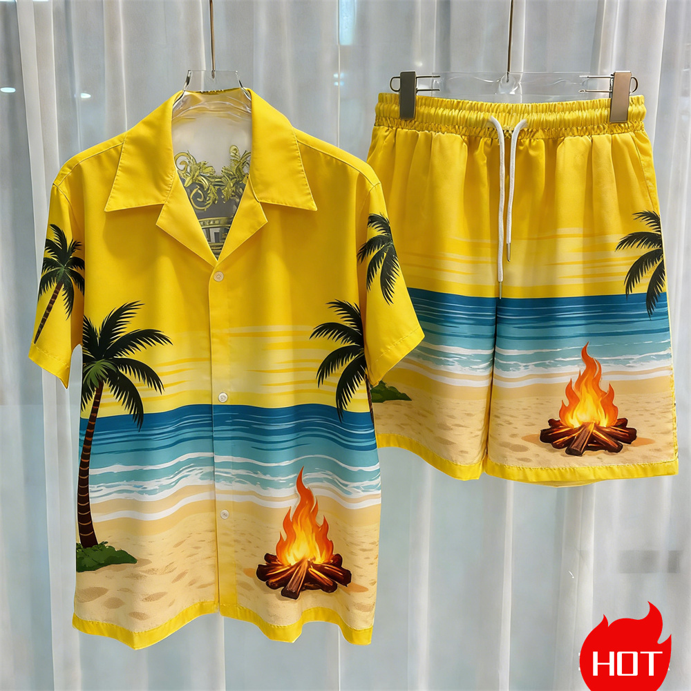 여름 남성 셔츠 세트 3D 코코넛 나무 폴리에스터 투피 - Summer Clothing Pieces 리뷰 및 가격