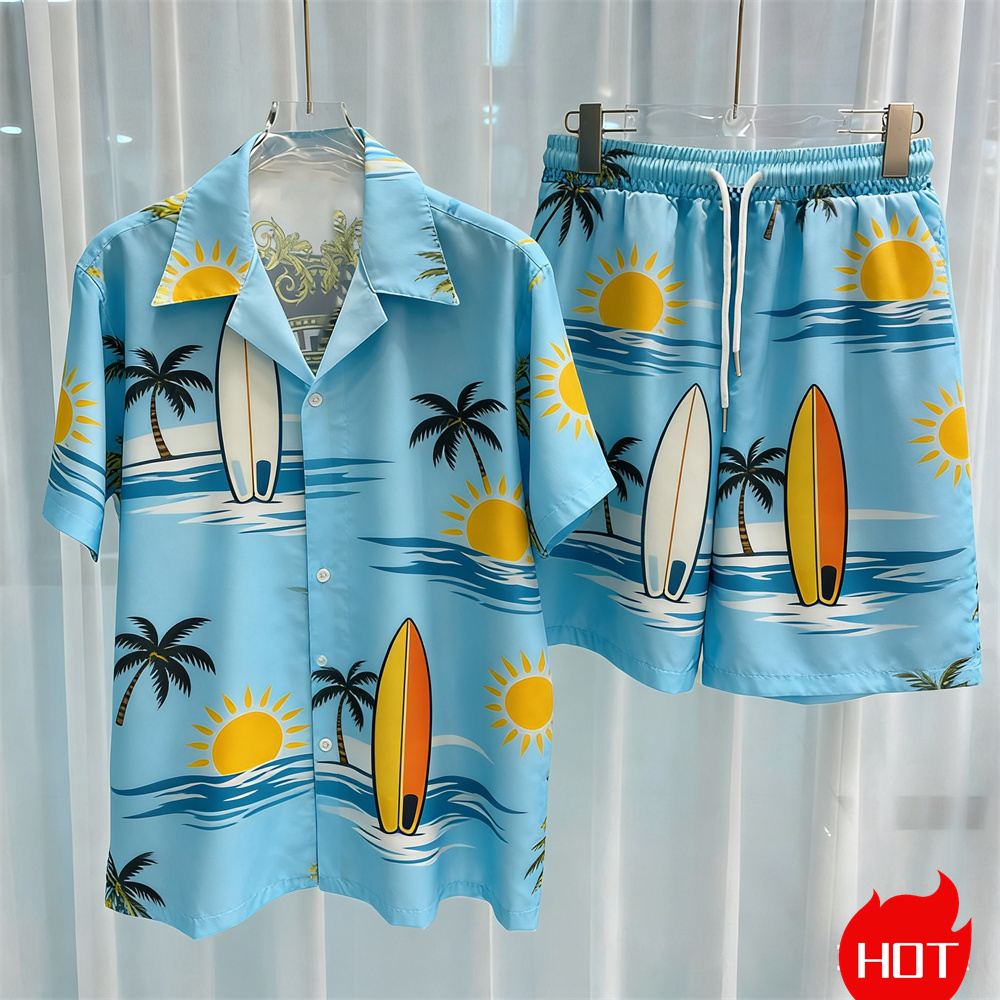 여름 남성 셔츠 세트 3D 코코넛 나무 폴리에스터 투피 - Summer Clothing Pieces 리뷰 및 가격