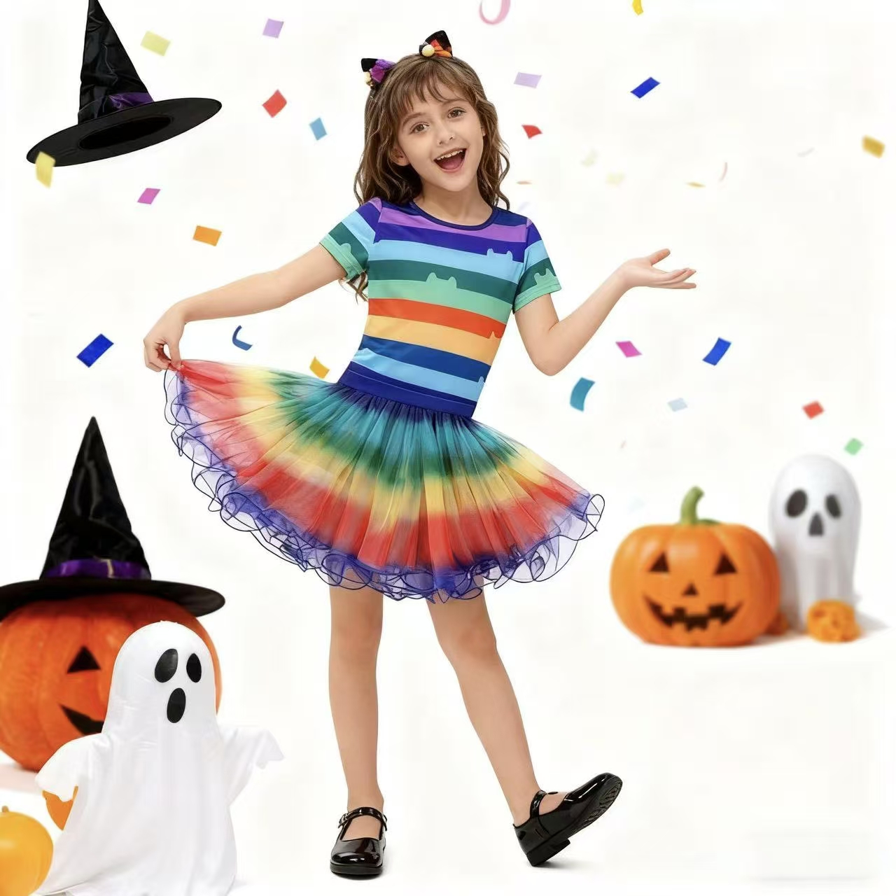 여자 무지개 줄무늬 티셔츠 투투 스커트 고양이 귀 머리 - Summer Kids Clothing 리뷰 및 가격