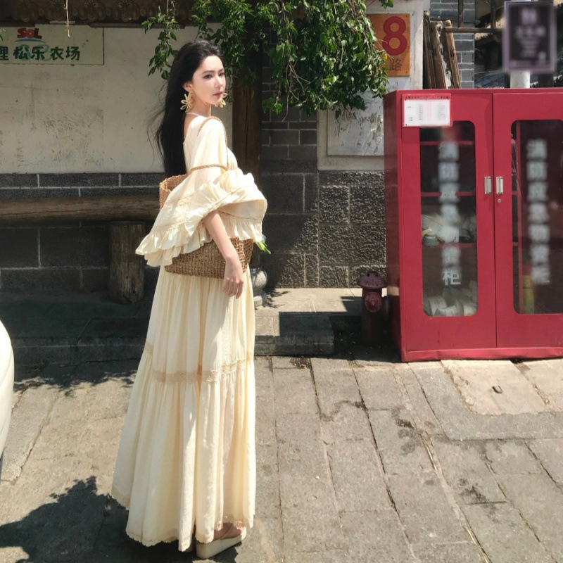 새로운 우아한 스퀘어넥 트럼펫 슬리브 넓은 밑단 홀리데 - Summer Clothing For Older Women 리뷰 및 가격
