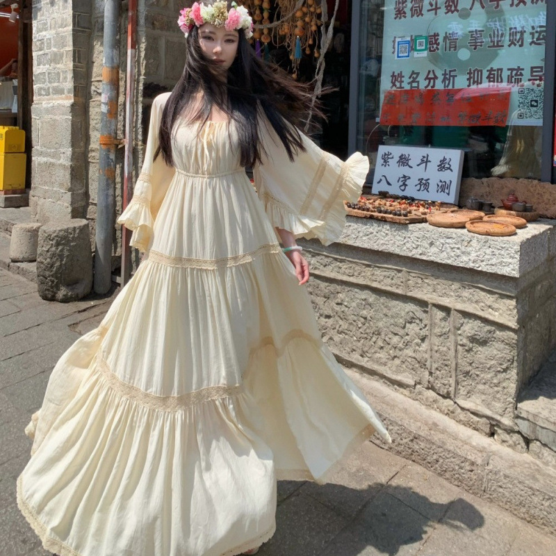 새로운 우아한 스퀘어넥 트럼펫 슬리브 넓은 밑단 홀리데 - Summer Clothing For Older Women 리뷰 및 가격