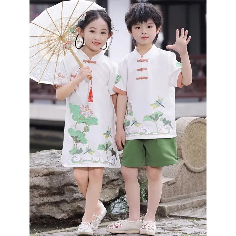 귀여운 연꽃 잠자리 당나라 정장 치파오, 소년 소녀 쌍 - Summer Clothing Online 리뷰 및 가격
